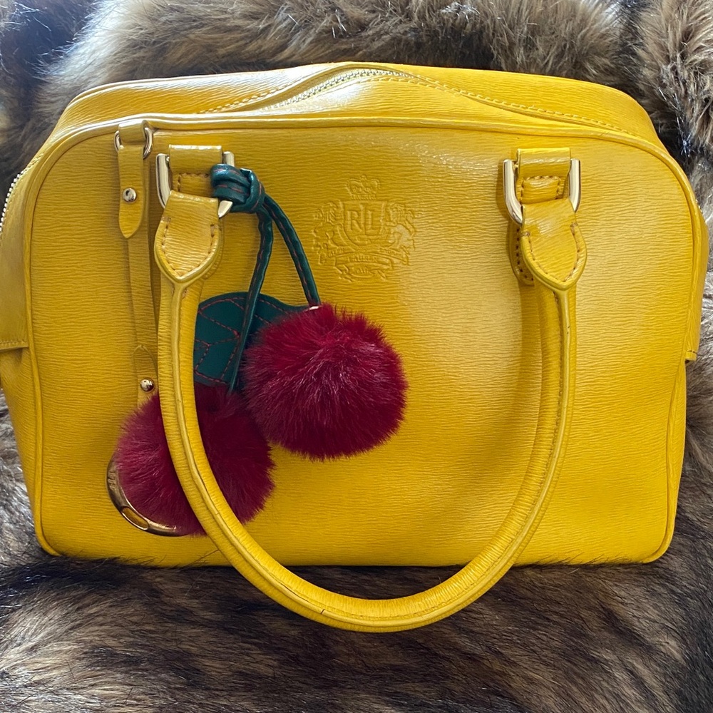 Yellow Leather Satchel with Burgundy Pom Charm